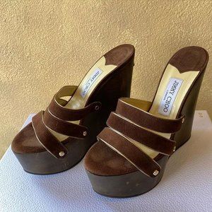 Jimmy Choo Brown Suede Platform Wedge Sandals